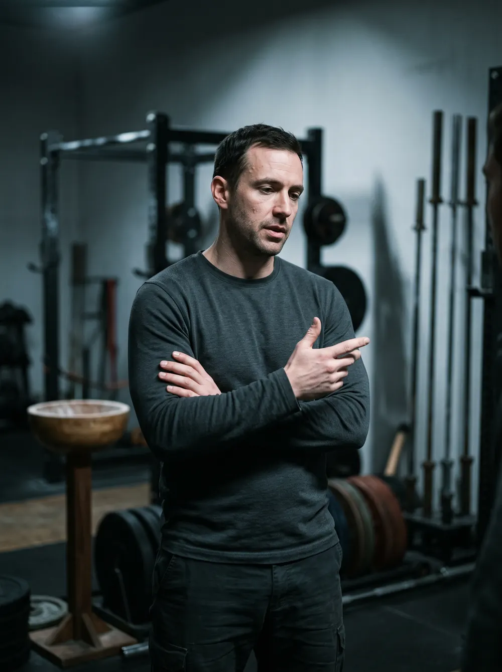 A coach mid-sentence in a dim gym, talking through a plan with someone off camera