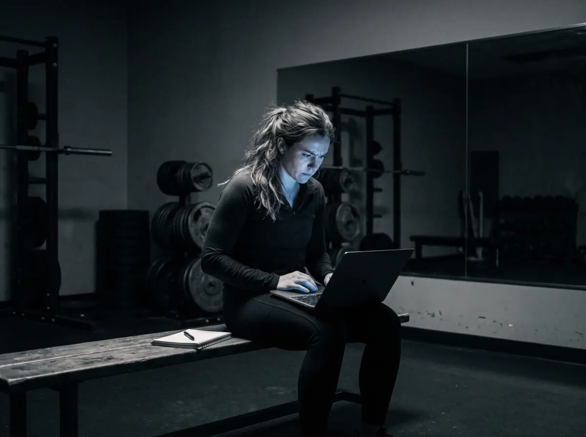A coach sitting on a gym bench after hours with a laptop open on her knees, working on the business side
