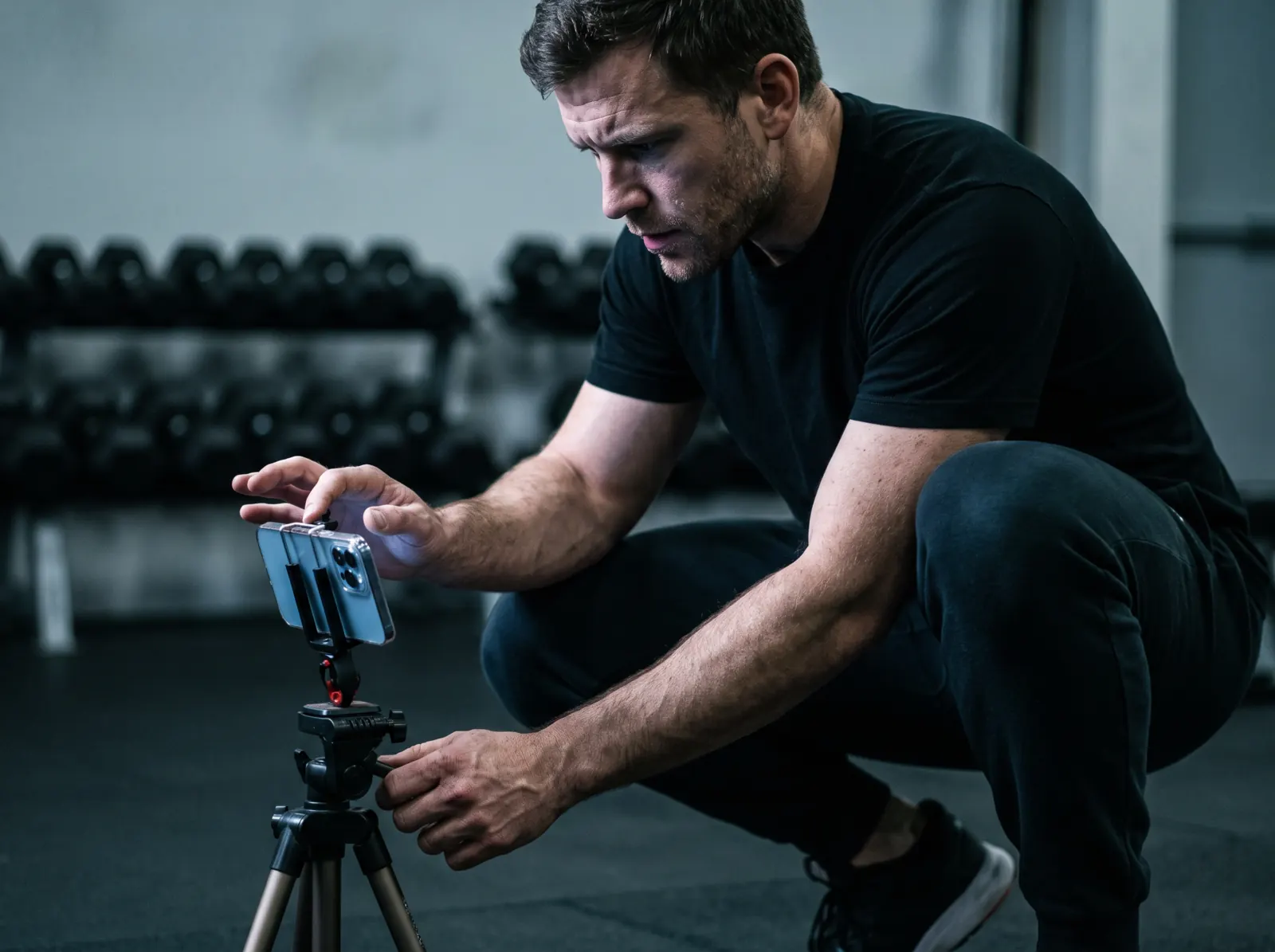 A coach crouched beside a phone on a tripod in a dim gym, setting up the shot before recording a set