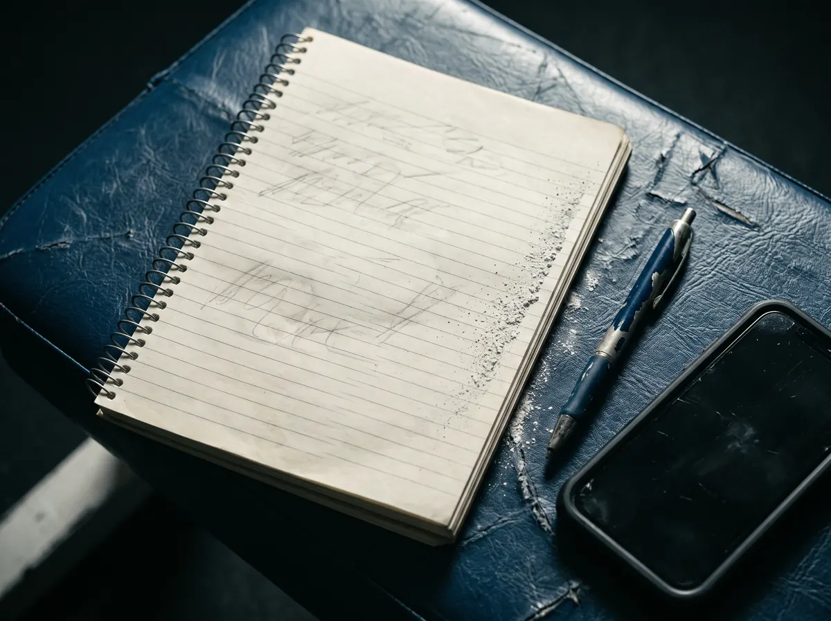 A worn notebook open on a gym bench beside a pen and a face-down phone